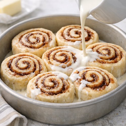 Step 6: Arrange Rolls in Pan and Pour Cream