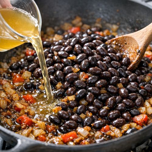 Step 6: Add Black Beans and Broth—Building Texture Through Technique